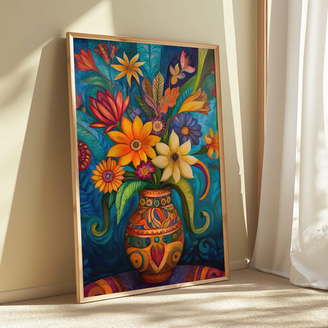 Stylized Tropical Lily Bouquet Patterned Orange Vase Teal Folk Poster - Image 5