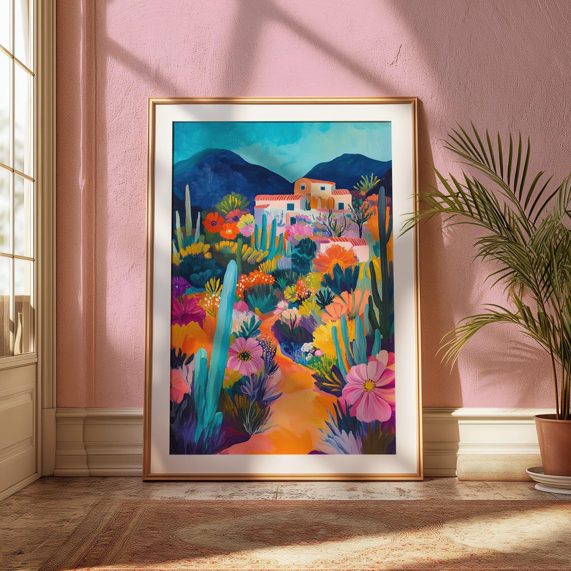 Desert Village Saguaro Cacti Pink Flowers Blue Mountain Art Print - Image 2