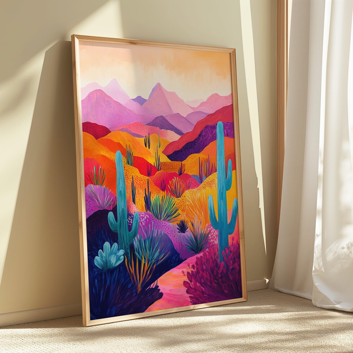 Colorful Desert Teal Saguaros Orange Hills Pink Mountain Ranges Warm Sky Poster - Image 5