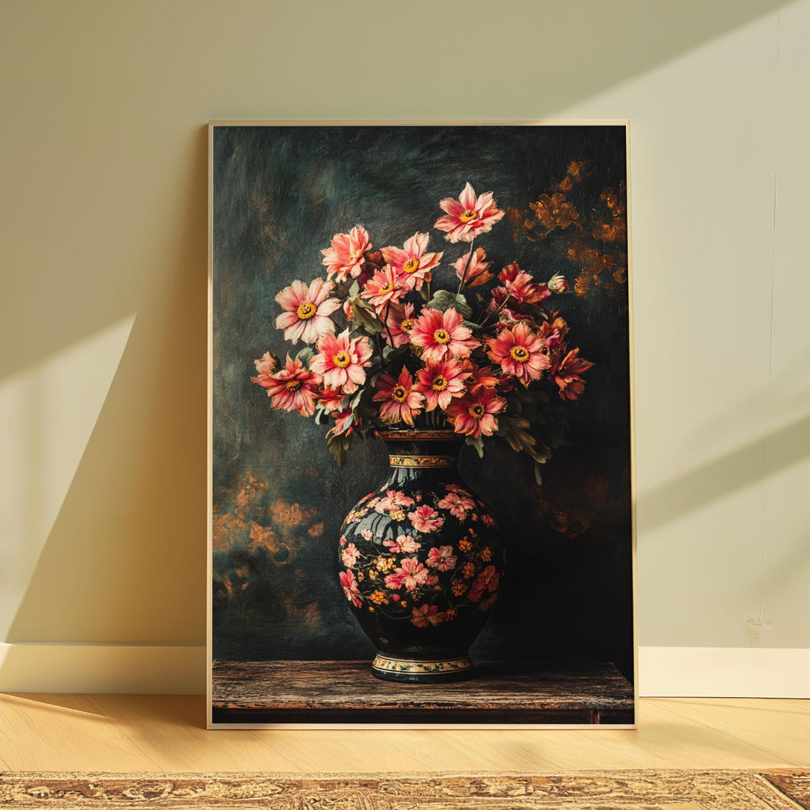 Delicate Pink Cosmos Bouquet Black Floral Vase Moody Elegant Wall Art