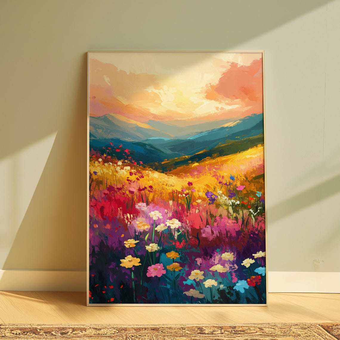 Sunset Wildflower Meadow Layered Mountain Peach Sky Art Print