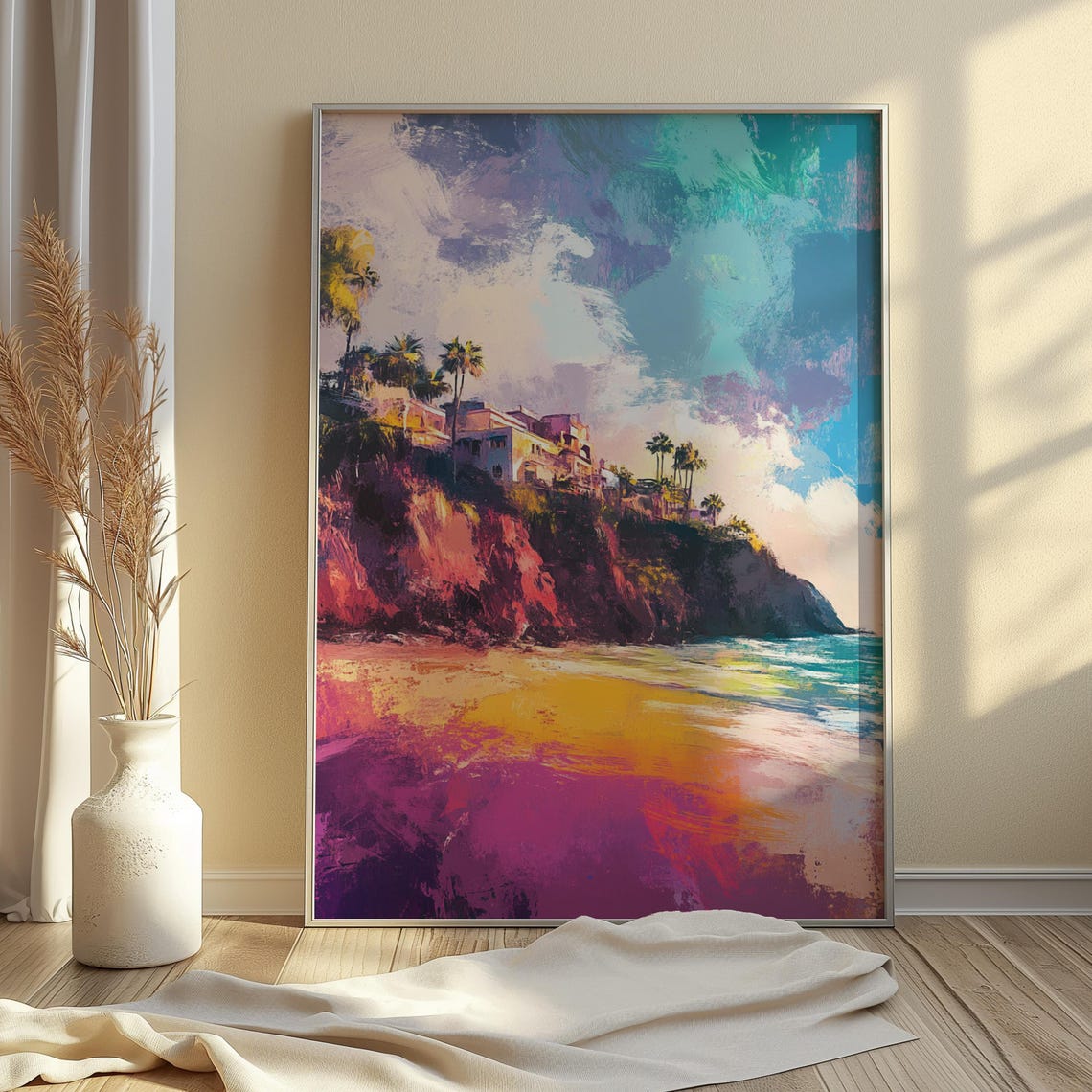 Golden Sunset Beach Red Cliffs Palm Trees Cliff Houses Art Print - Image 3