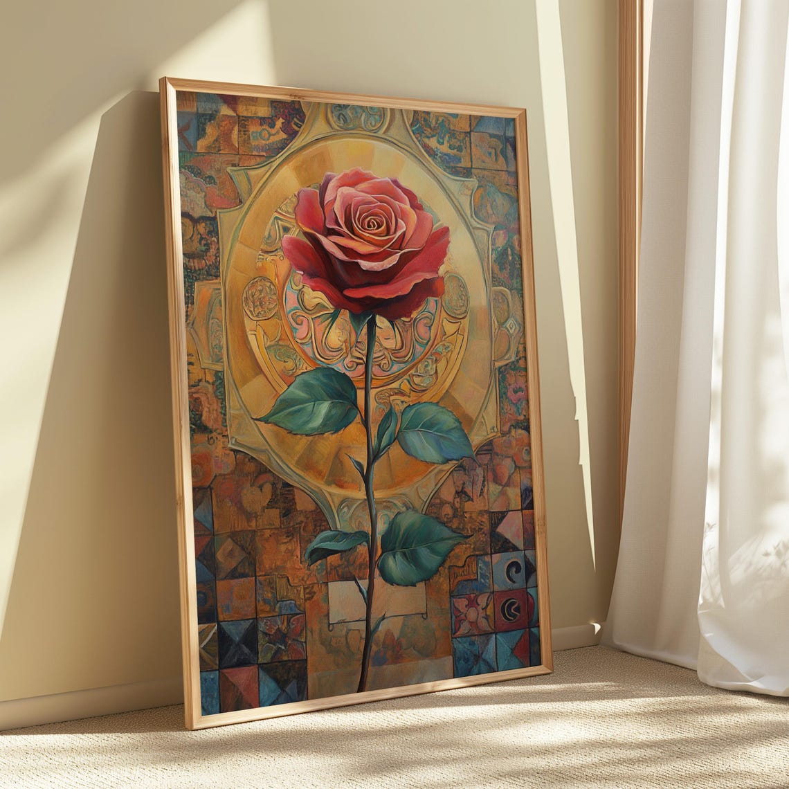 Red Rose Golden Medallion Azulejo Tile Background Romantic Poster - Image 5