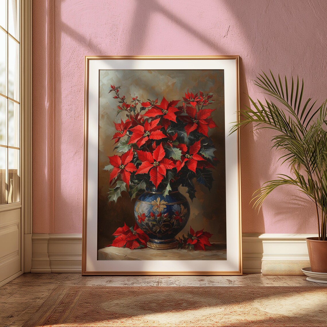 Red Poinsettia Dark Blue Ornate Vase Moody Christmas Art Poster - Image 2