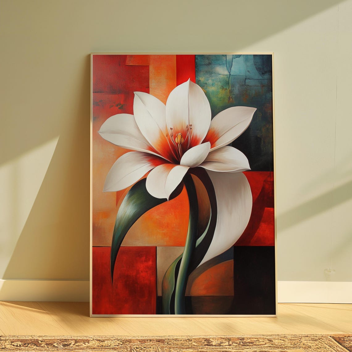White Lily Color Block Red Teal Background Elegant Floral Art Poster