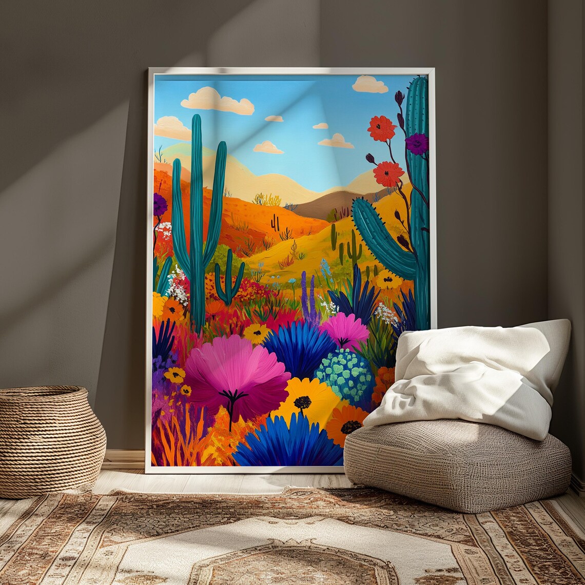 Bright Folk Art Desert Bloom Teal Saguaro Cacti Giant Wildflowers Poster - Image 3