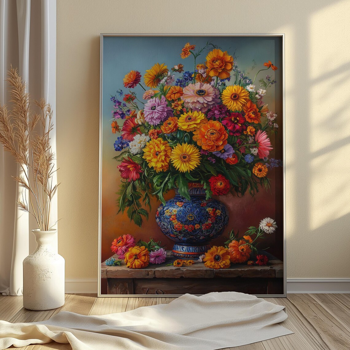 Vivid Sunflower Daisy Zinnia Bouquet Blue Mexican Vase Floral Poster - Image 3