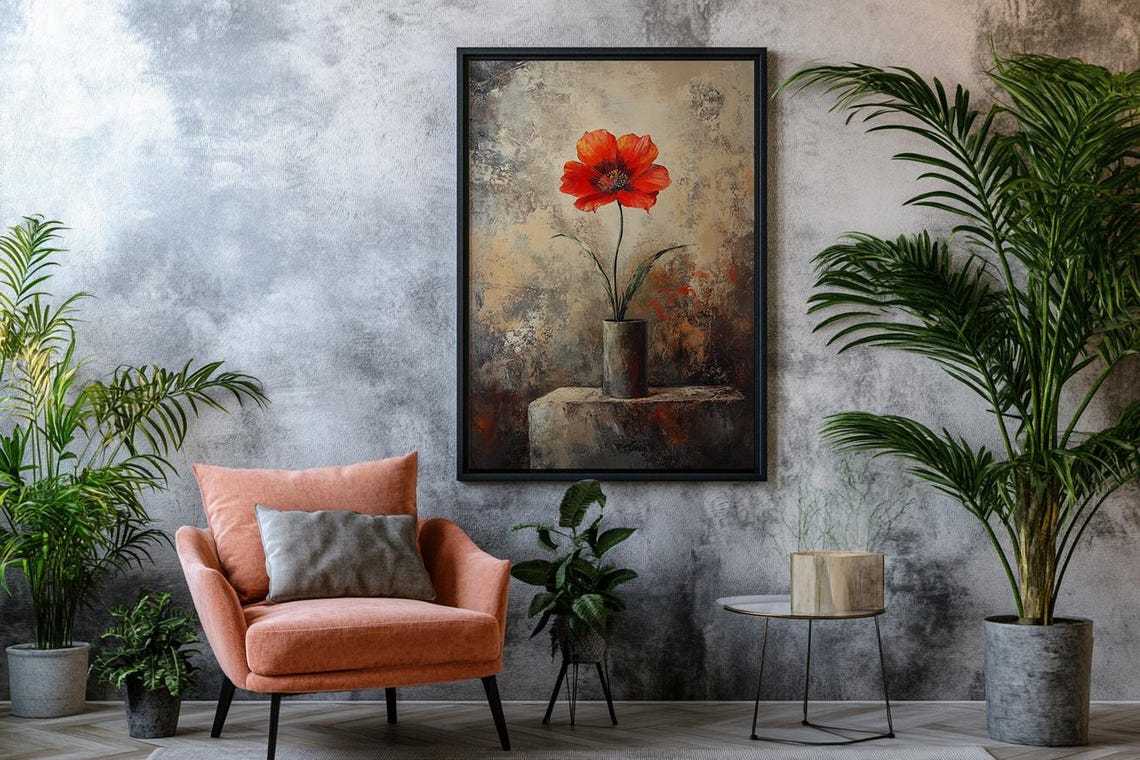 Single Red Poppy Metal Vase Textured Gray Rustic Painting Art Poster - Image 2