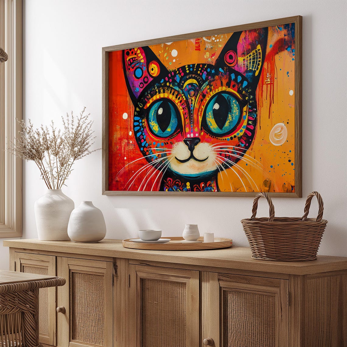 Patterned Cat Face Huge Blue Eyes Day Of The Dead Style Poster