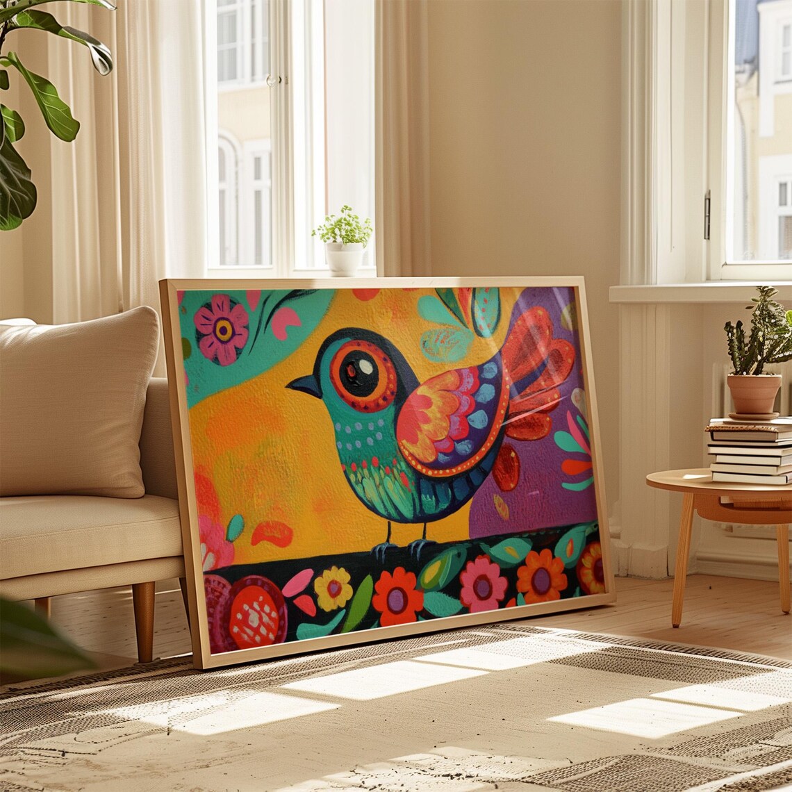 Mexican Folk Art Bird Yellow Purple Floral Background Poster - Image 3