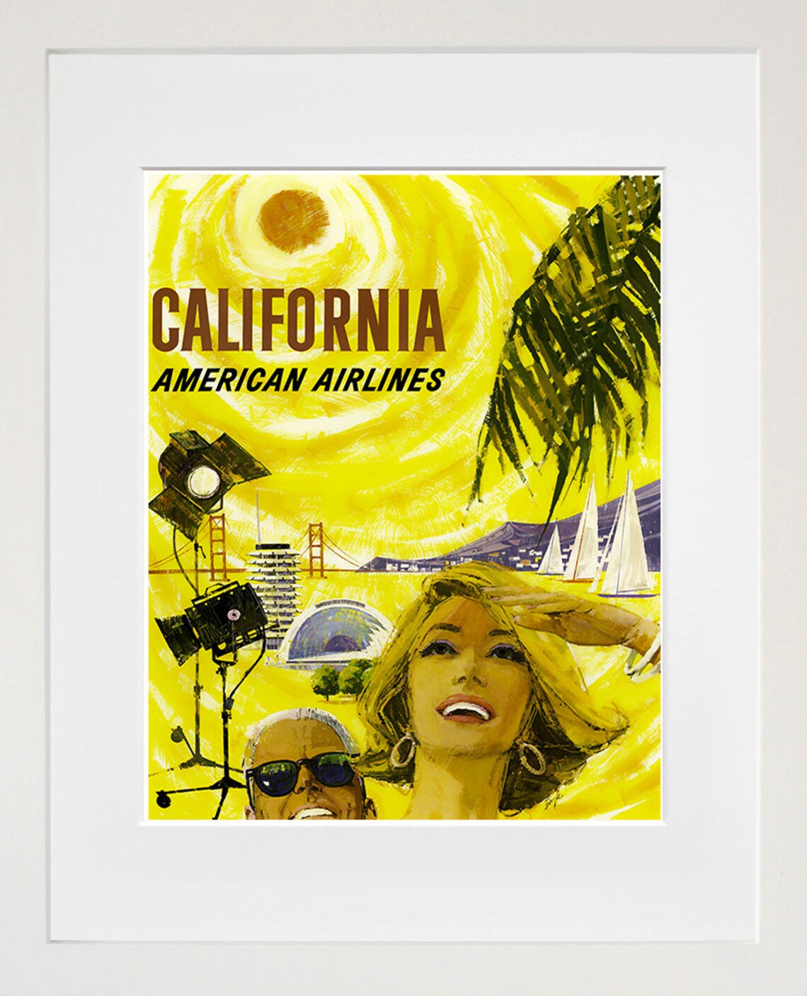 California American Airlines Vintage Travel Poster Hollywood Beach Sun