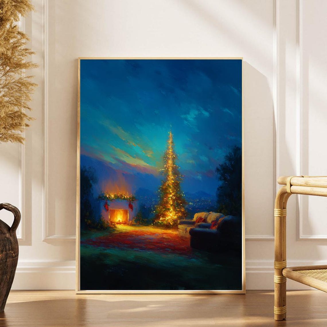 Cozy Christmas Fireplace Tree Night Impressionist Holiday Wall Art