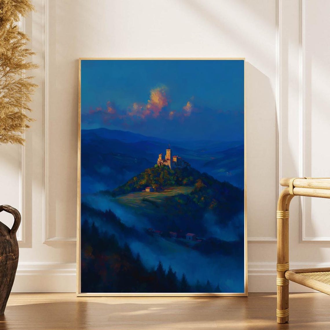 Misty Castle on Mountain Hilltop Fantasy Blue Landscape Painting Print