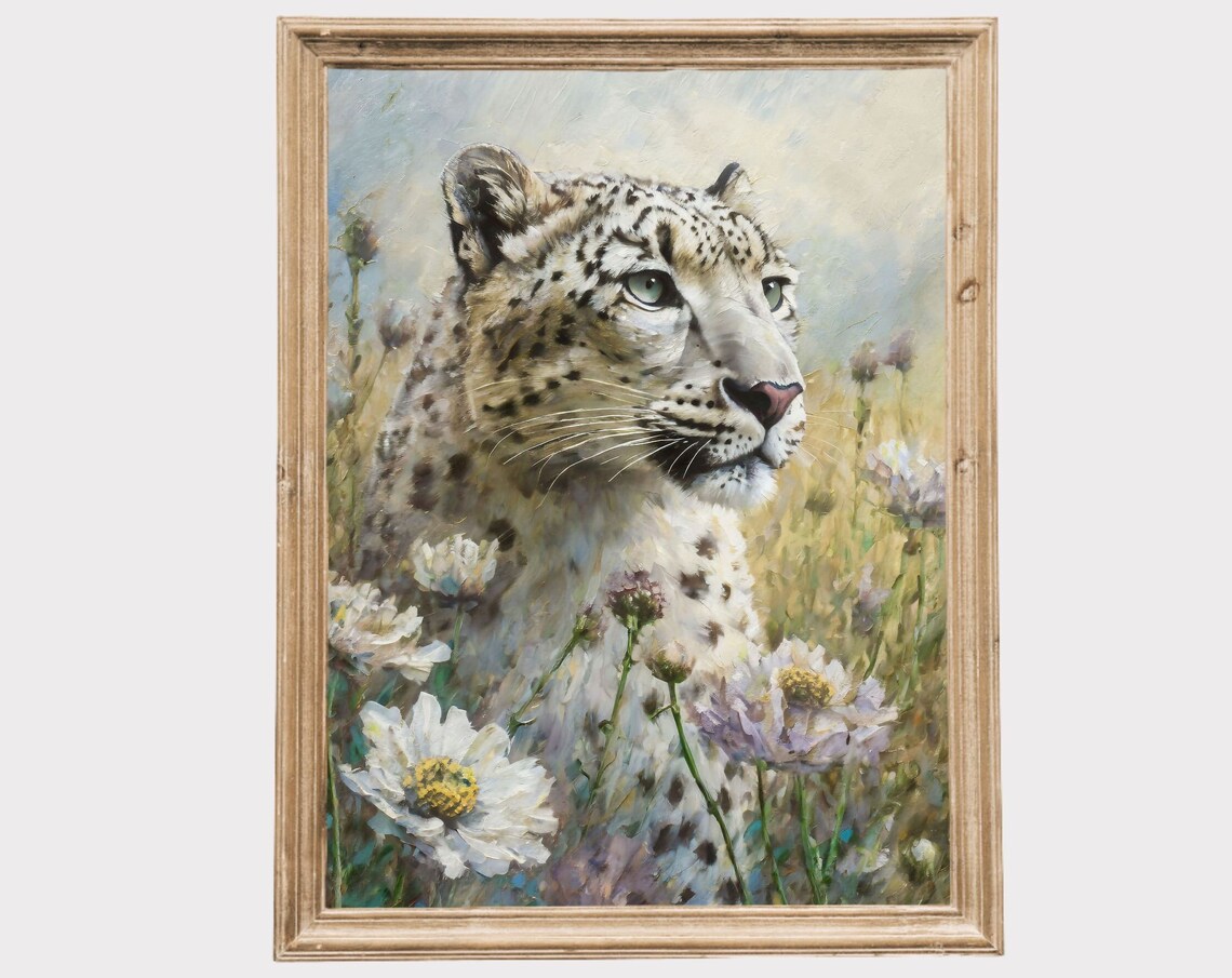 Snow Leopard Among Wildflowers Elegant Wildlife Oil Painting Art Poster