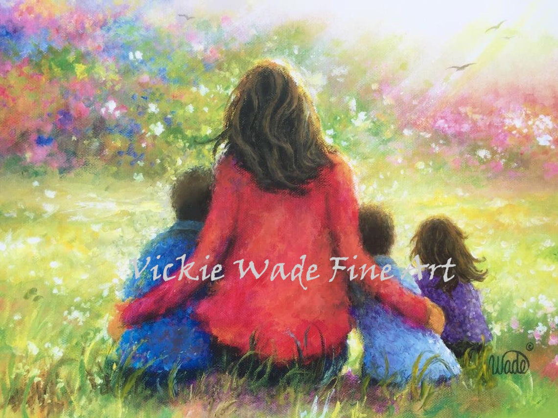 Mother Two Sons Daughter Art Print Two Boys And Little Girl Mom Garden Two Brothers Little Sister Vickie Wade Art