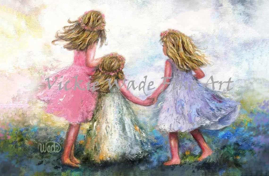 Three Blonde Sisters with Flower Crowns in a Sunlit Meadow Poster