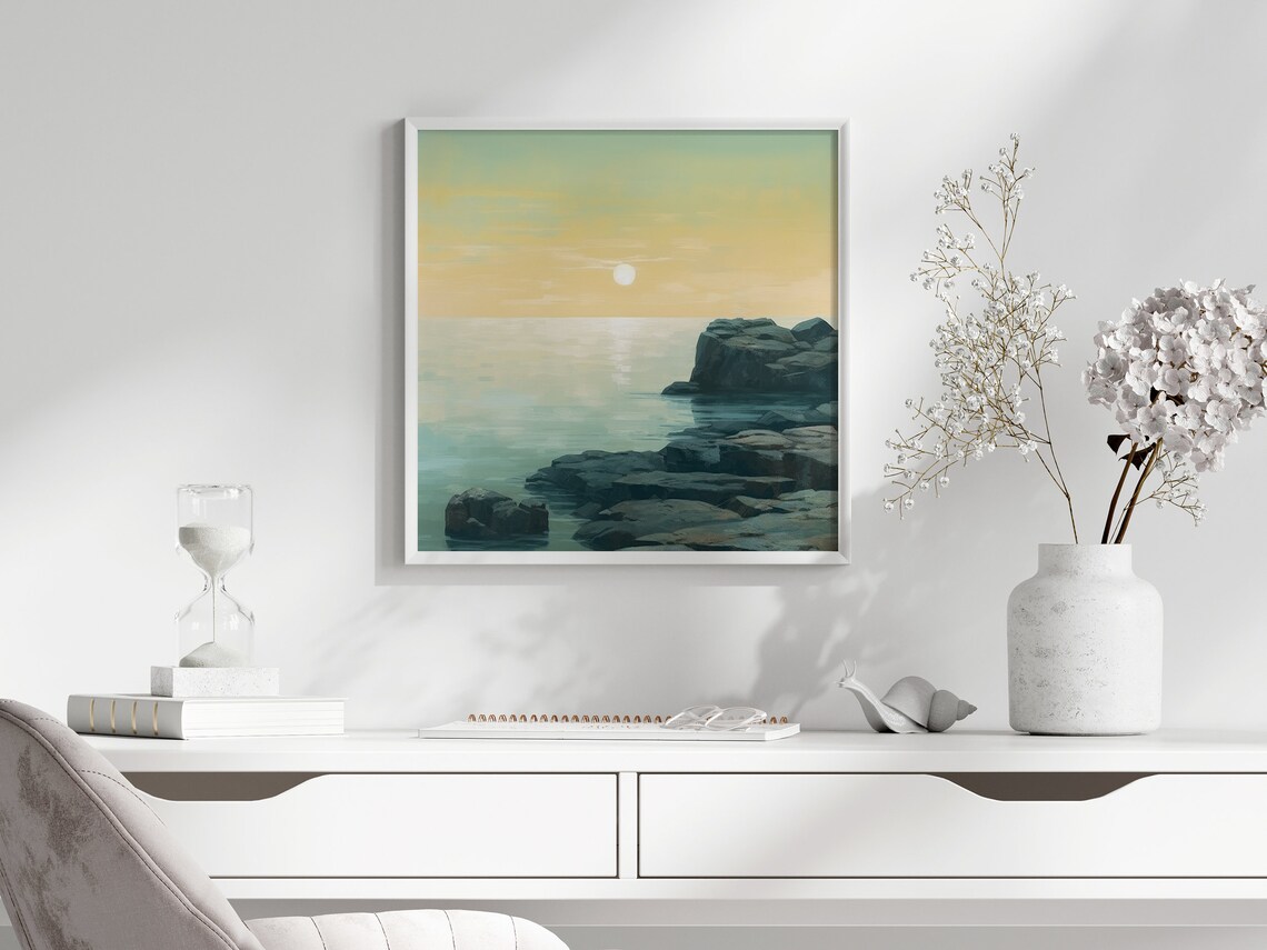 Coastal Sunrise Over Rocky Ocean Shoreline Seascape Art Poster - Image 3