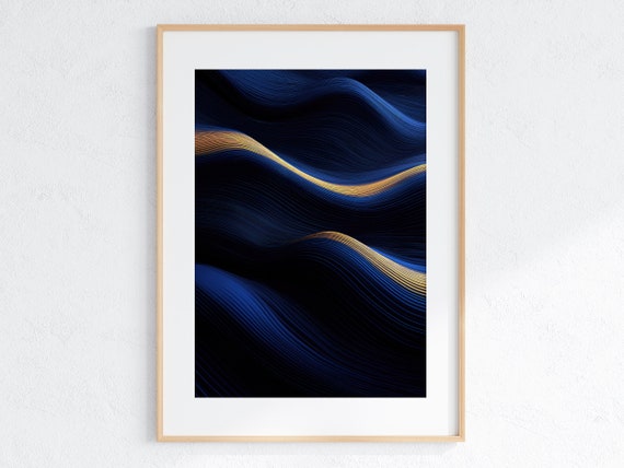 Transformative Modern Abstract Waves Instant Blue And Gold Geometric Wall Decor Art Print For Contemporary Art Loving Homes