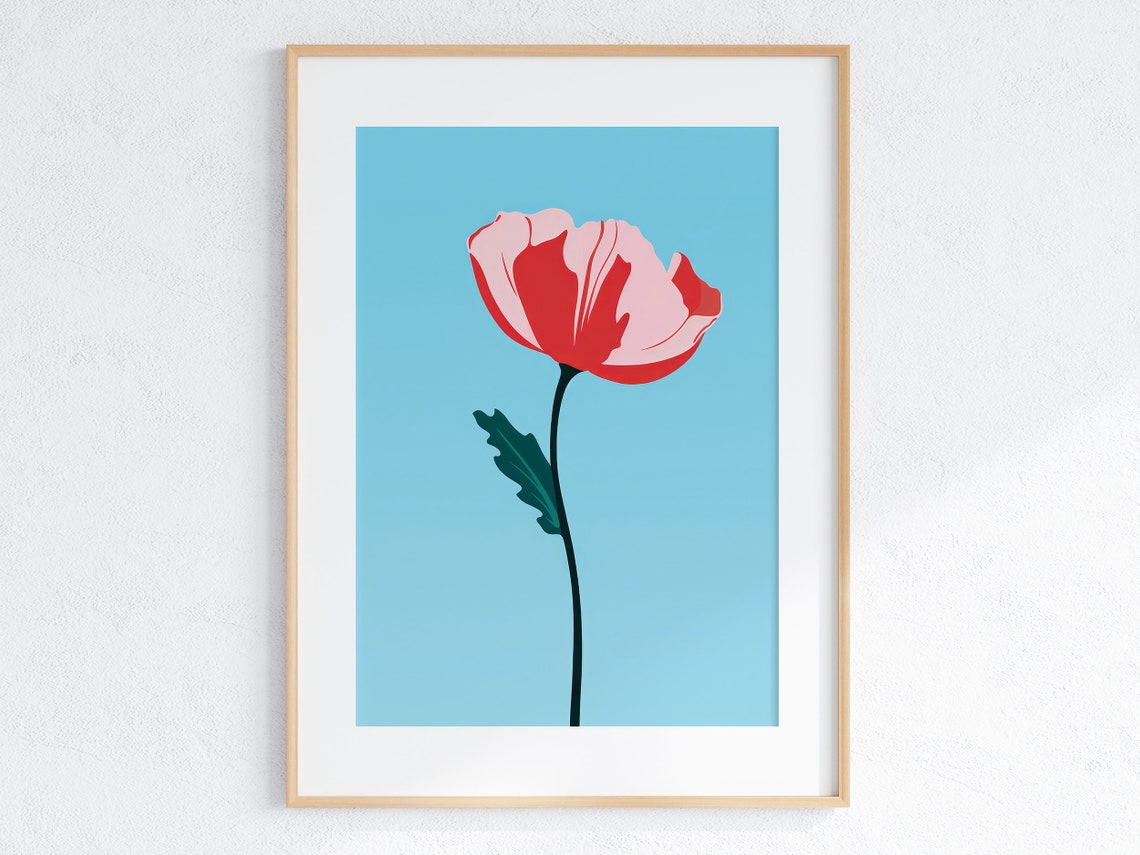 Poppy Flower Superflat Art Bold Red Poppy On Blue Background Modern Poster Style