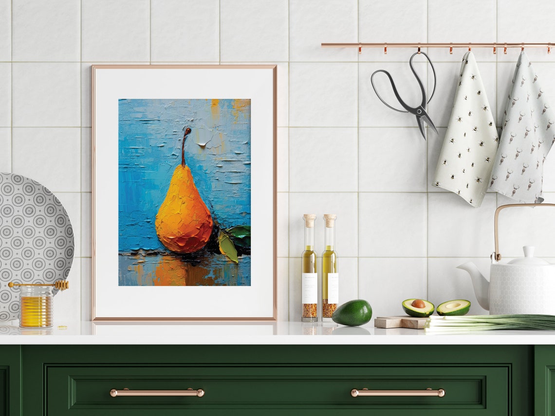 Golden Ripe Pear Against Textured Cobalt Blue Impasto Art Poster - Image 4