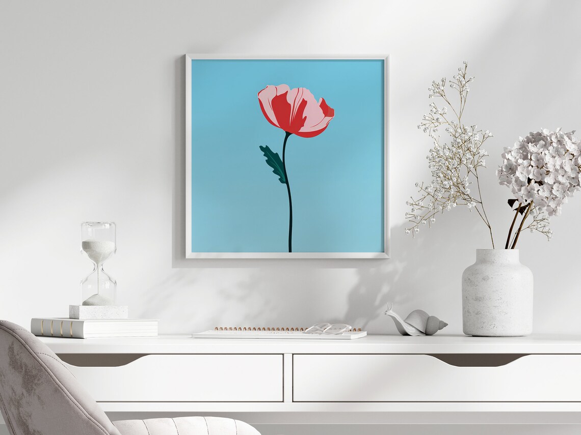Bold Red Poppy Blooming Tall on Bright Sky Blue Pop Art Poster - Image 4