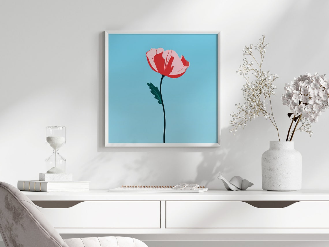 Poppy Flower Superflat Art Bold Red Poppy On Blue Background Modern Poster Style - Image 4