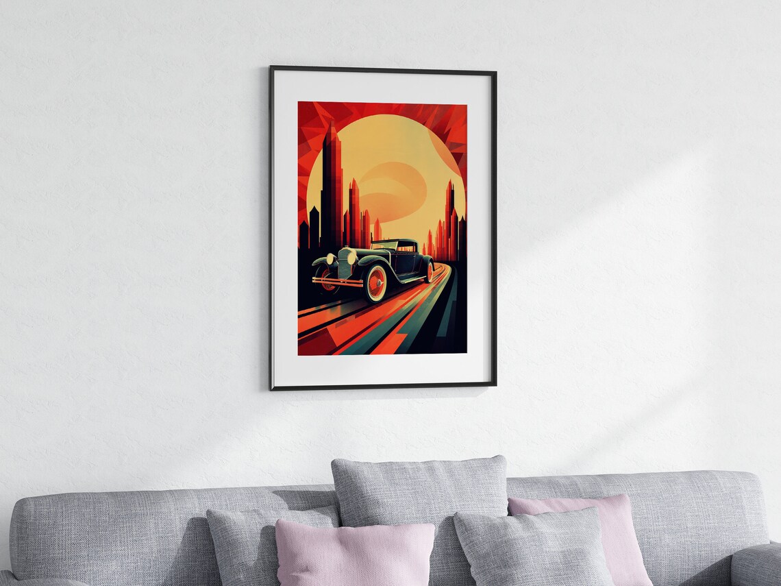 Art Deco Vintage Roadster Speeding Through Sunset City Poster - Image 4