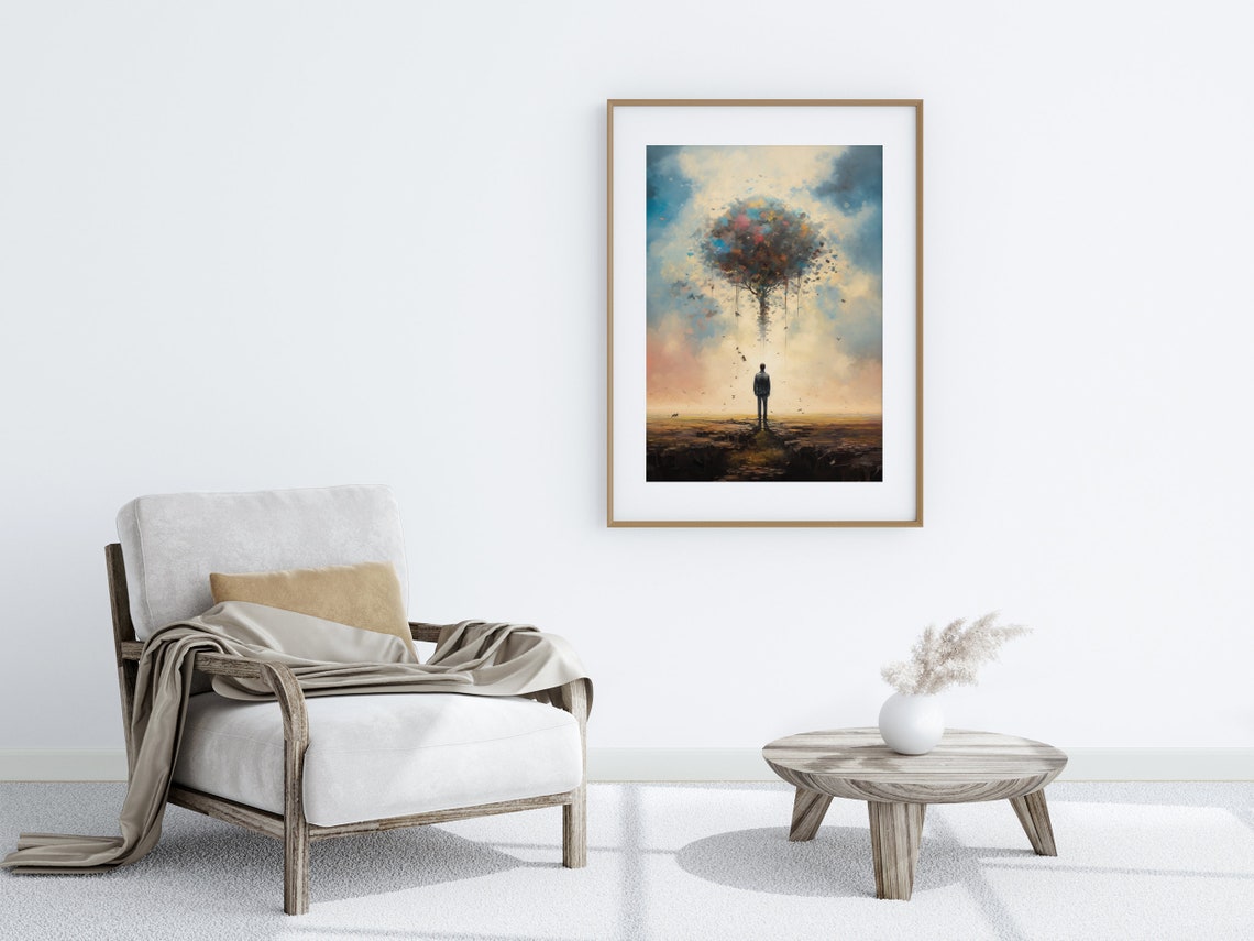 Surreal Lone Figure Beneath a Dissolving Tree Dreamlike Art Poster - Image 5