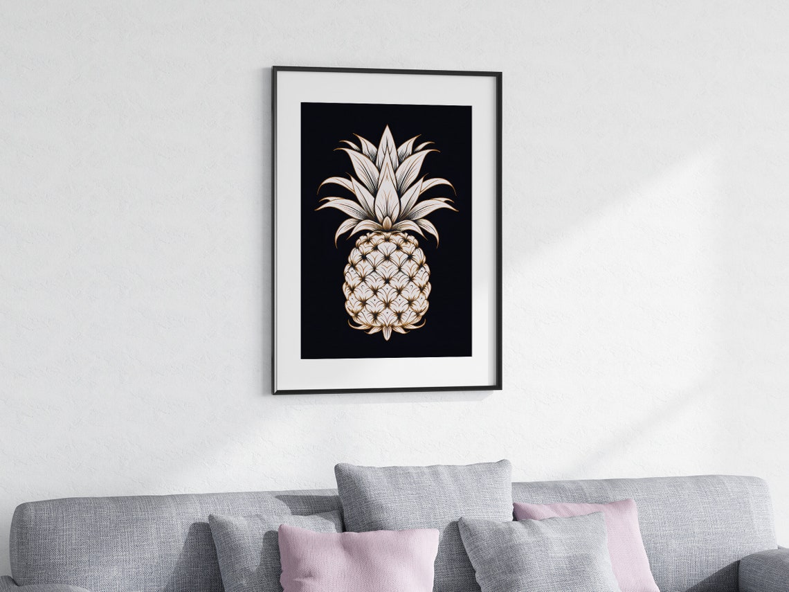 White Pineapple Fine Line Art Bold Tropical Graphic on Black Poster - Image 4
