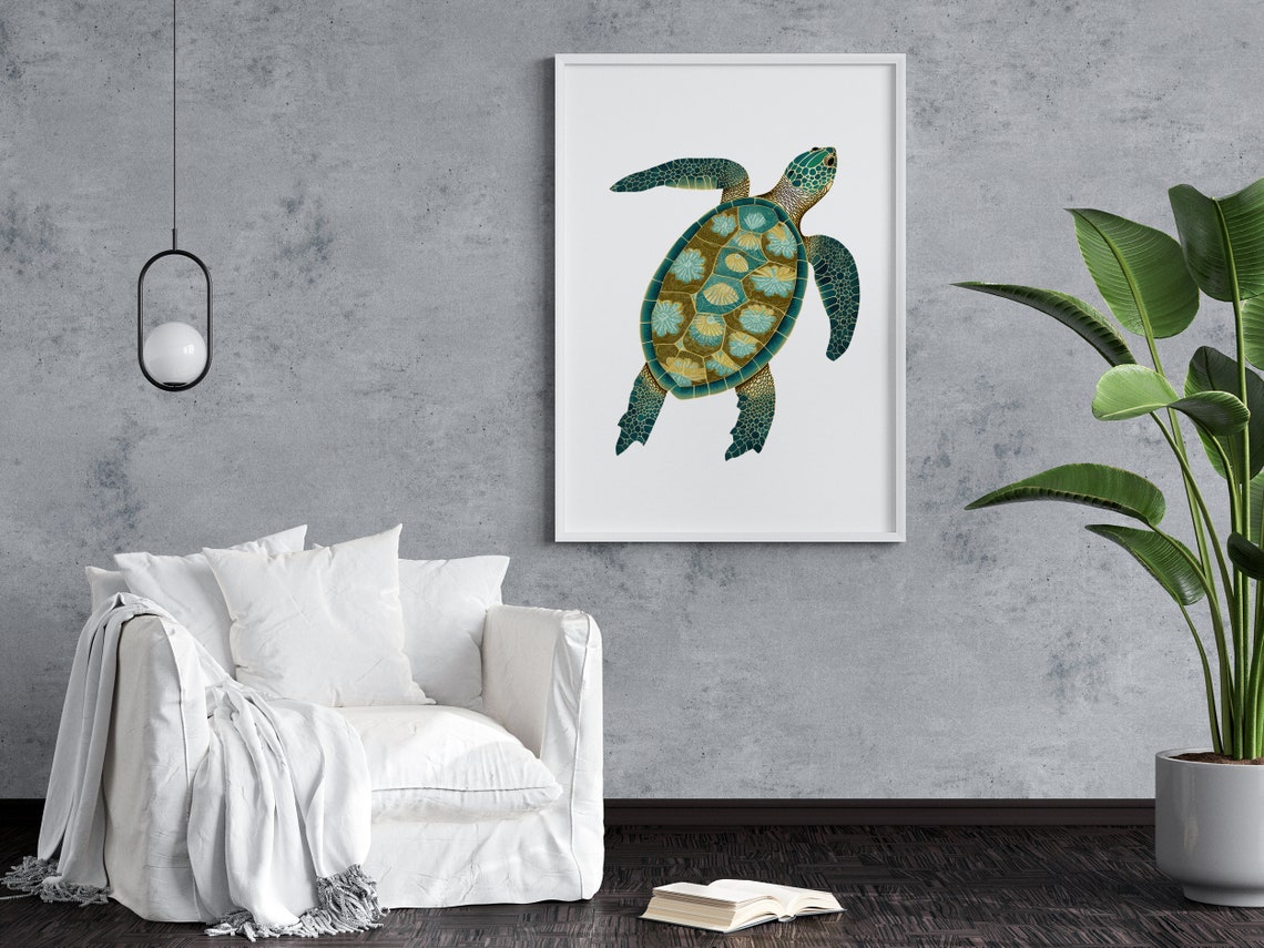 Sea Turtle with Decorative Mosaic Shell Botanical Illustration Poster - Image 3