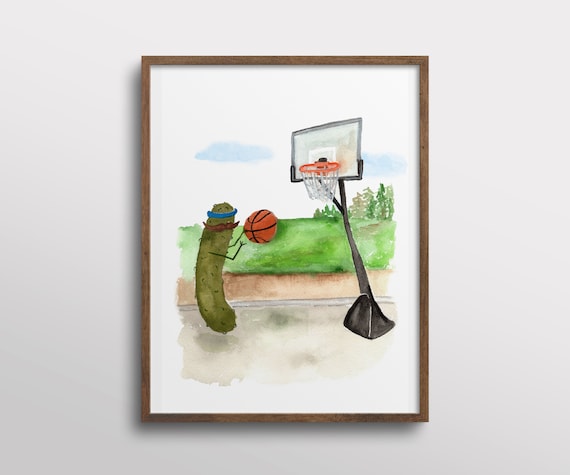 Whimsical Pickle With Mustaches Playing Basketball Art Print