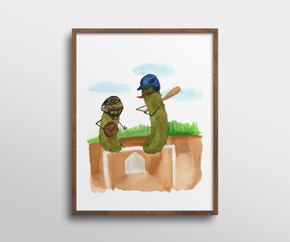 Whimsical Pickles With Mustaches Playing Baseball, Art Print