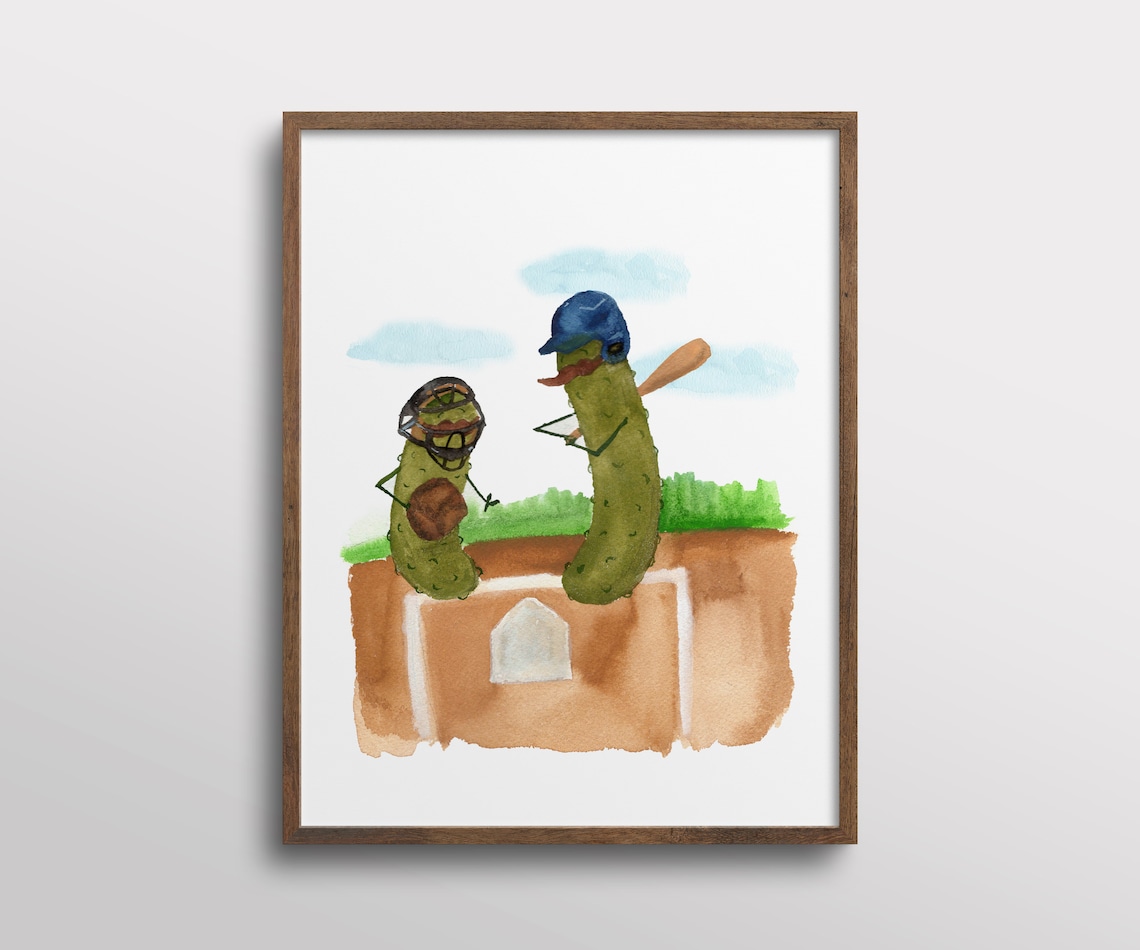 Whimsical Pickles With Mustaches Playing Baseball, Art Print