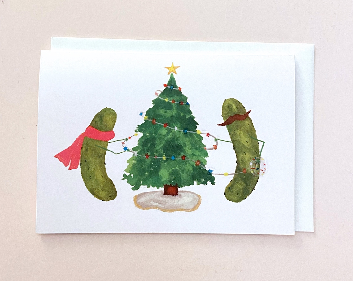 Whimsical Pickles Decorating A Christmas Tree, Art Print
