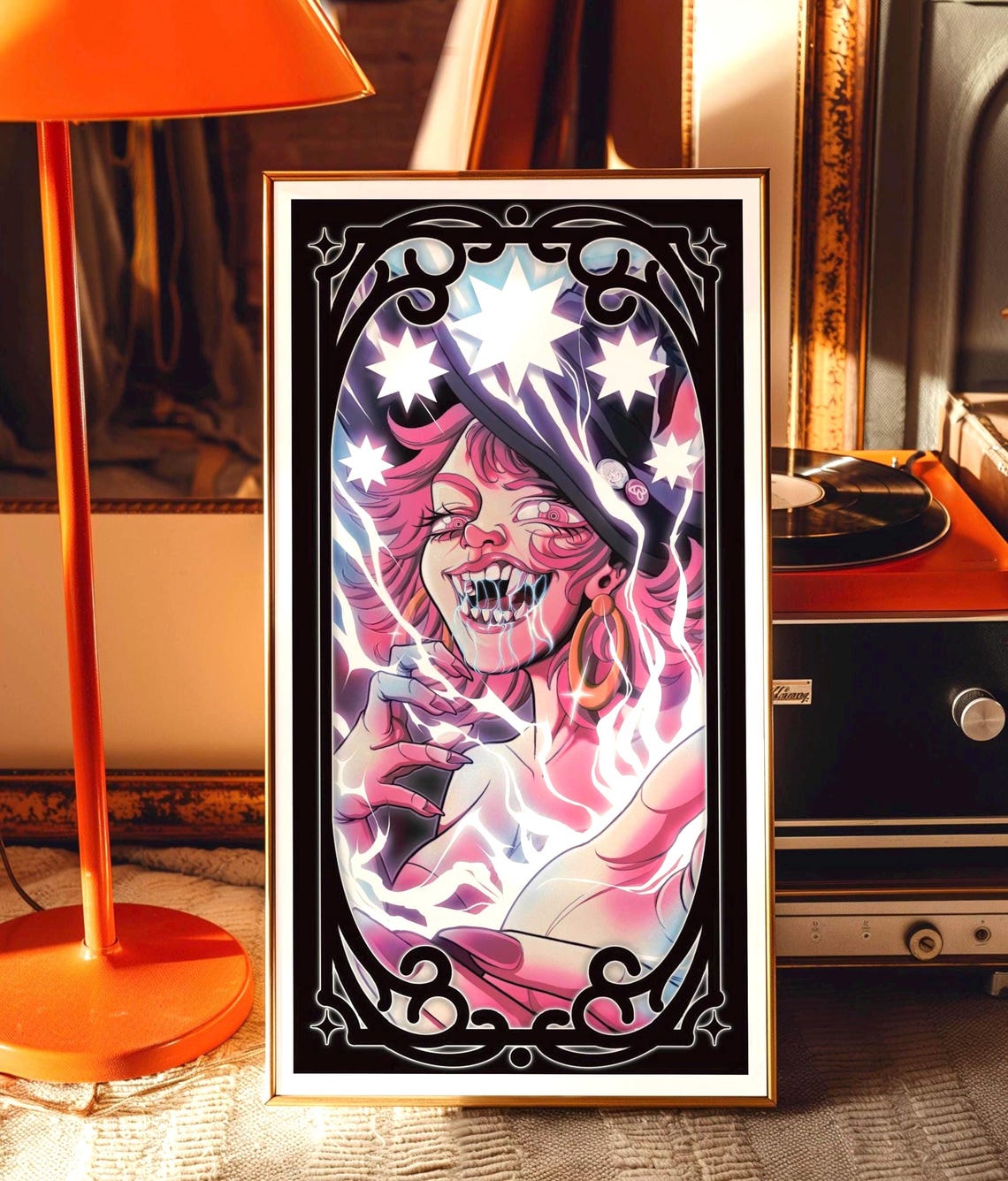 Pink Haired Lightning Sorceress Witch Tarot Style Anime Poster