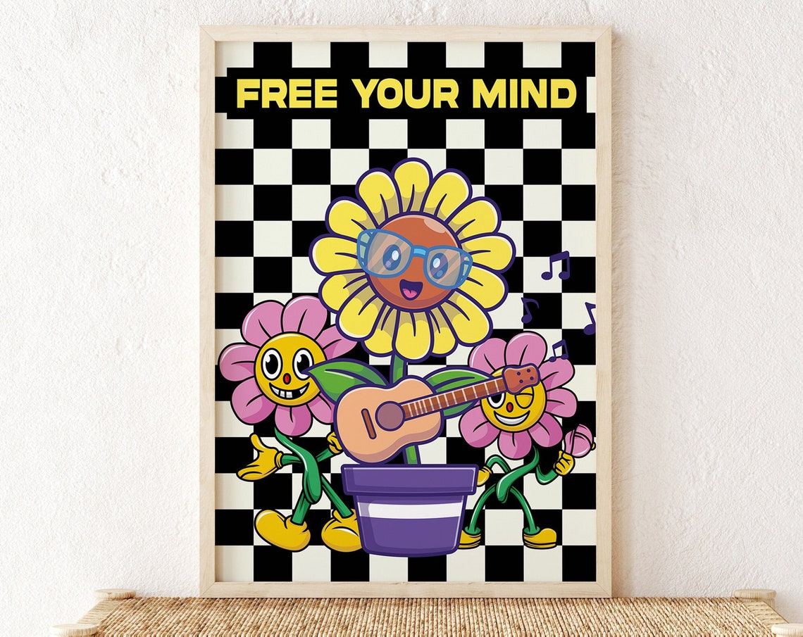 Free Your Mind Retro Poster Motivation Poster Home Office Inspirational Print Quote Therapy Groovy Print