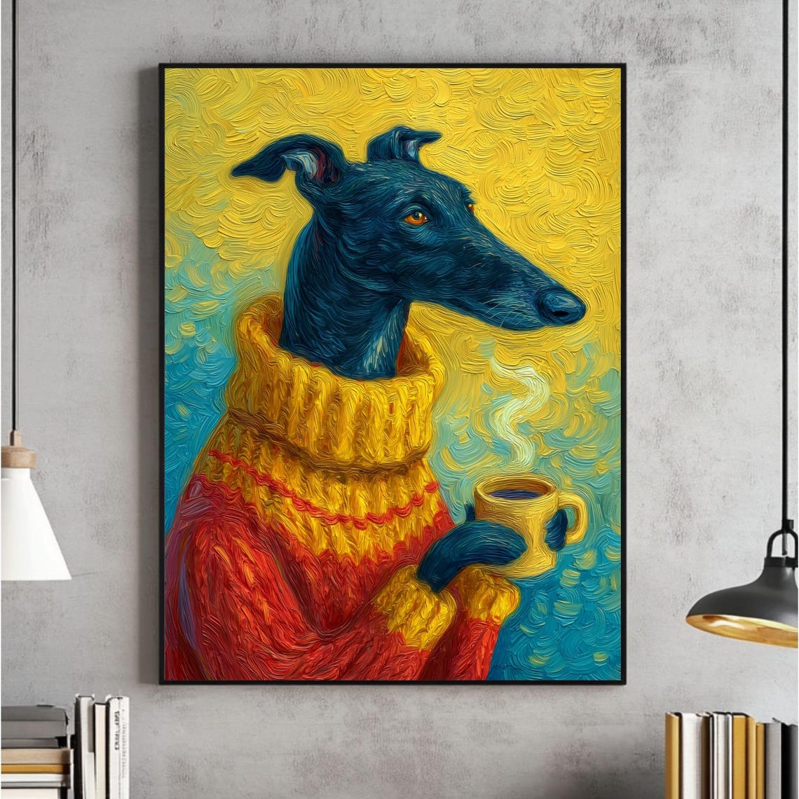 Greyhound In Cozy Sweater Holding Coffee Whimsical Dog Poster