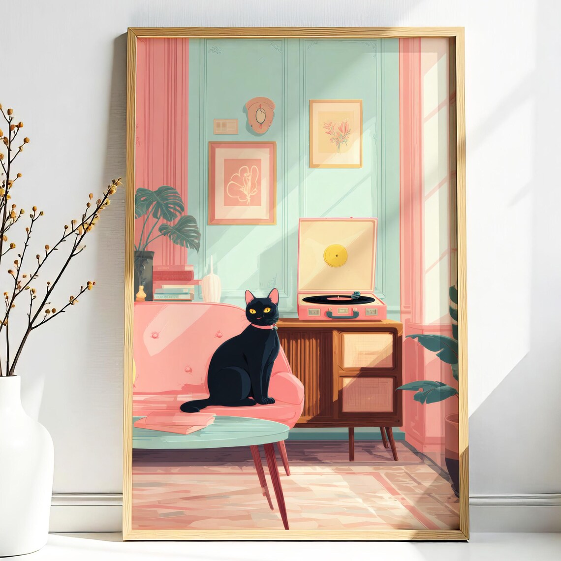 Black Cat On Pink Sofa With Record Player Midcentury Retro Room Poster