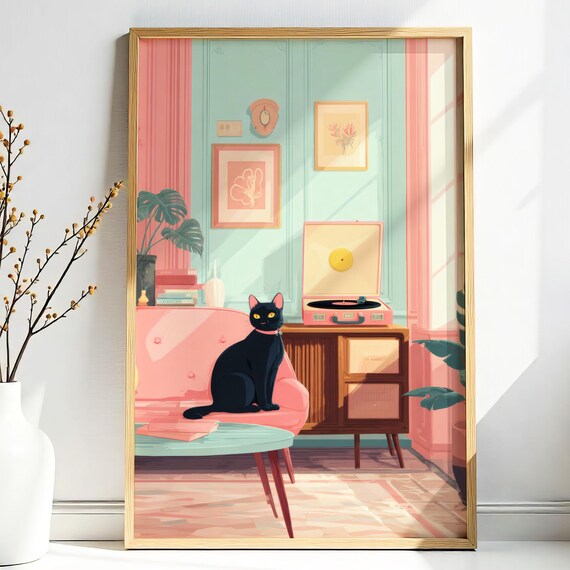 Black Cat On Pink Sofa With Record Player Midcentury Retro Room Poster