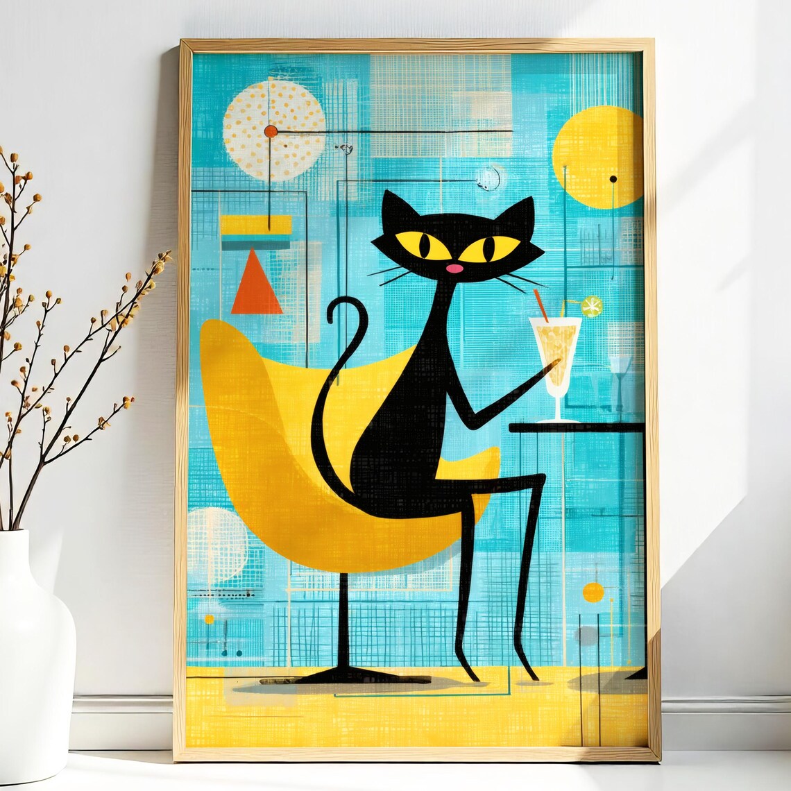 Atomic Black Cat with Cocktail in Yellow Sculptural Chair Bar Print