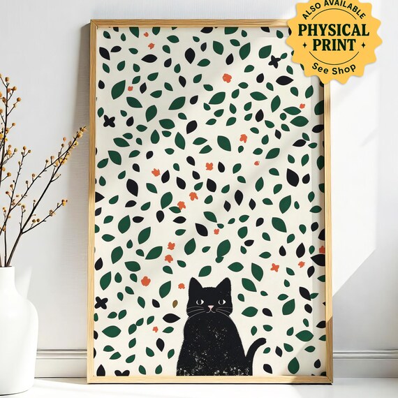 Black Cat Under a Scattered Green Leaf Pattern Nature Art Poster