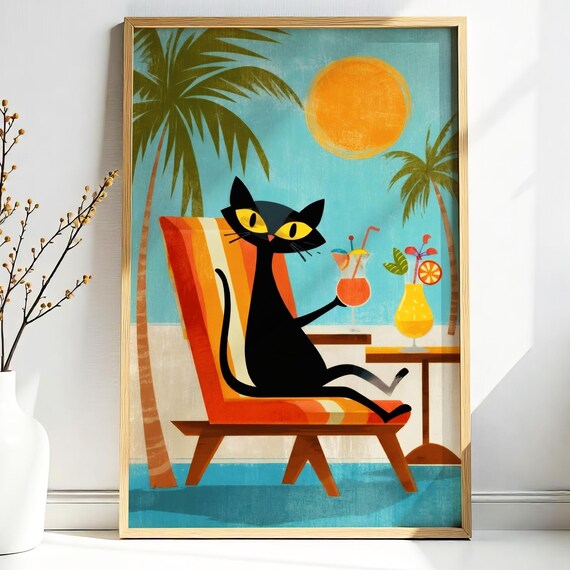 Atomic Black Cat Lounging At Beach With Cocktails Mid Century Retro Poster