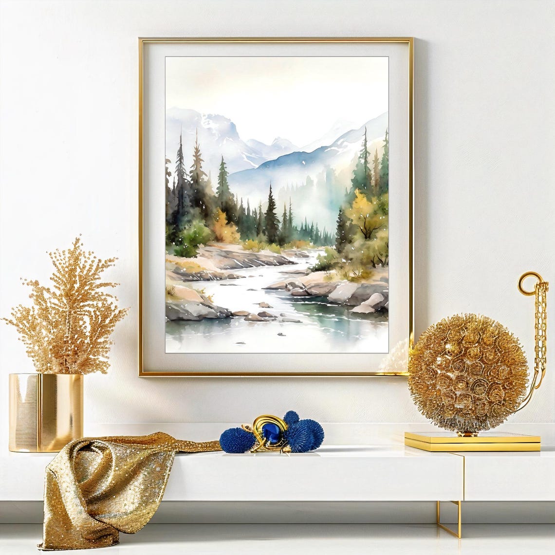 Mountain River Pine Forest Watercolor Landscape Nature Art Print - Image 4
