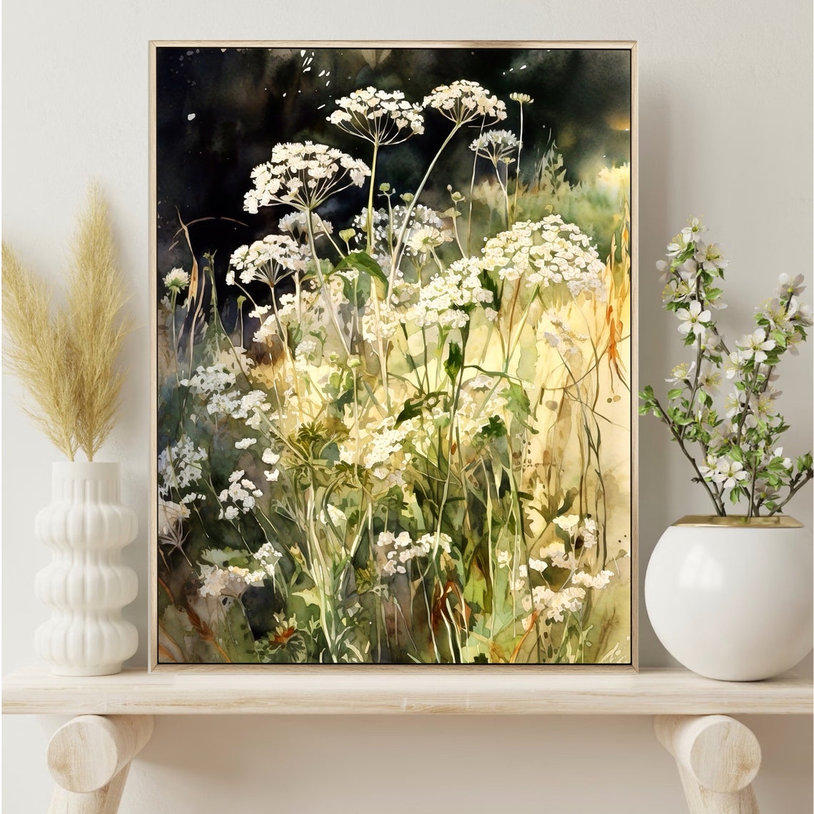 White Yarrow Wildflowers Watercolor with Dark Garden Background Print - Image 5