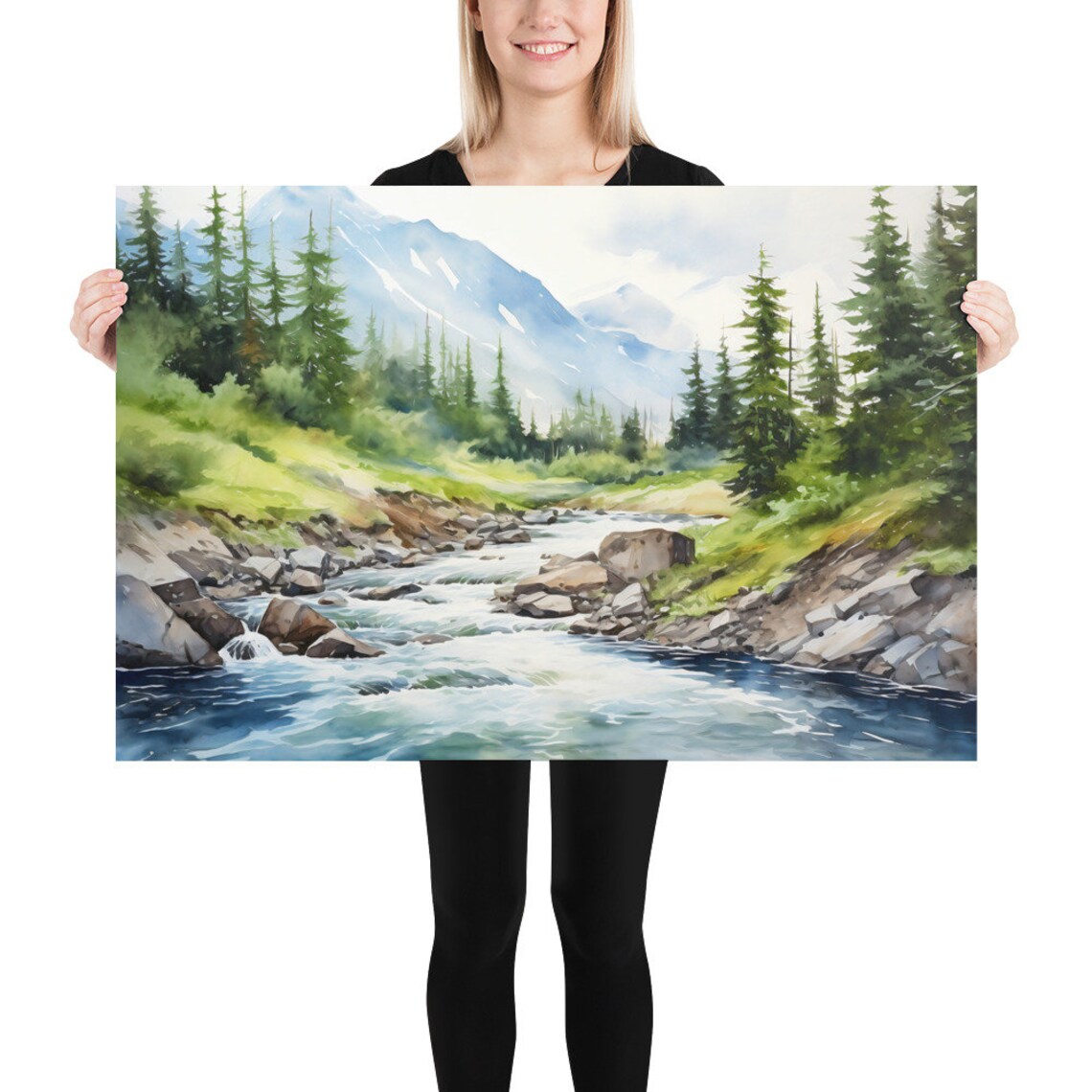 Mountain River Watercolor Pine Forest Wall Art Print - Image 5
