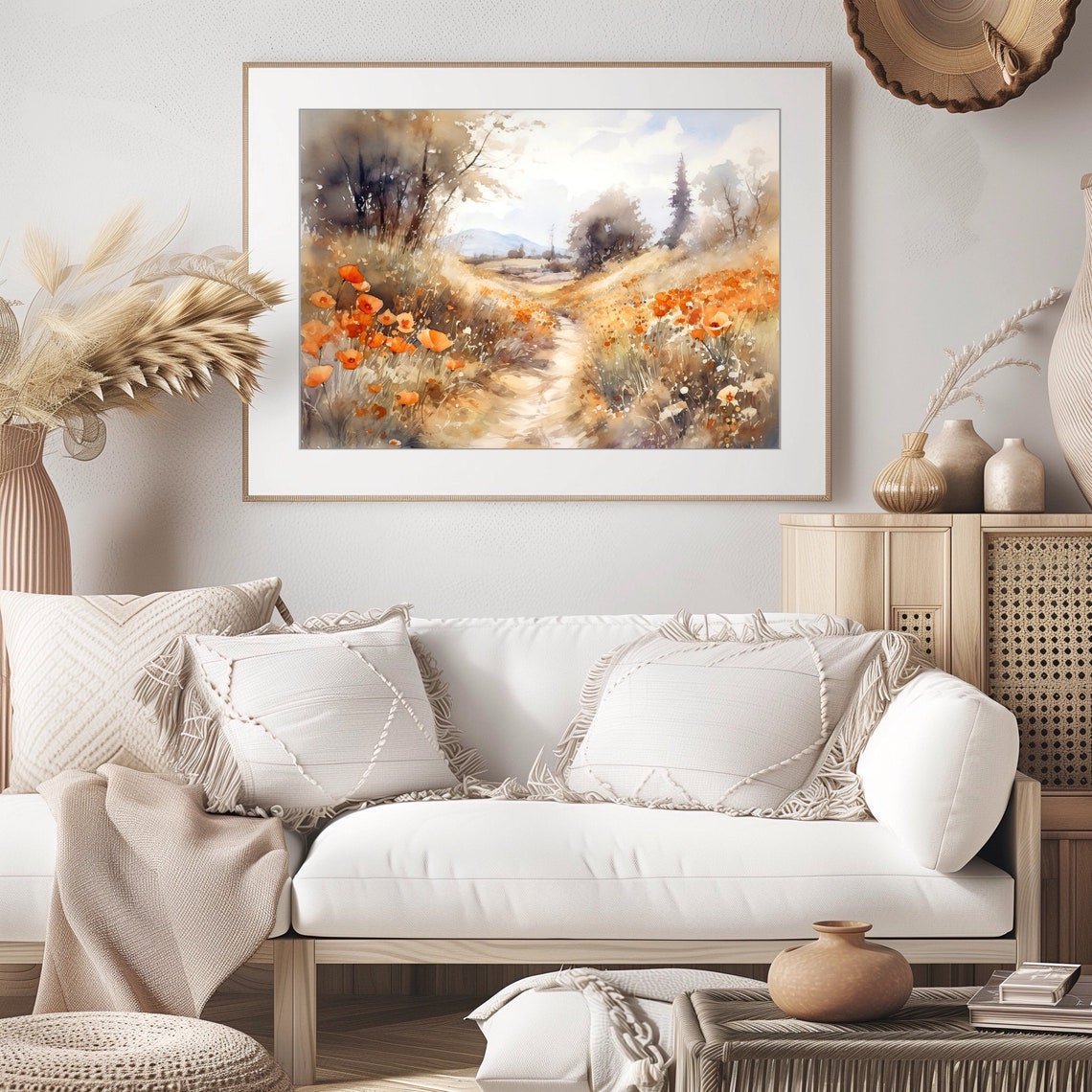 Orange Poppy Hillside Trail Summer Watercolor Nature Art Poster - Image 3
