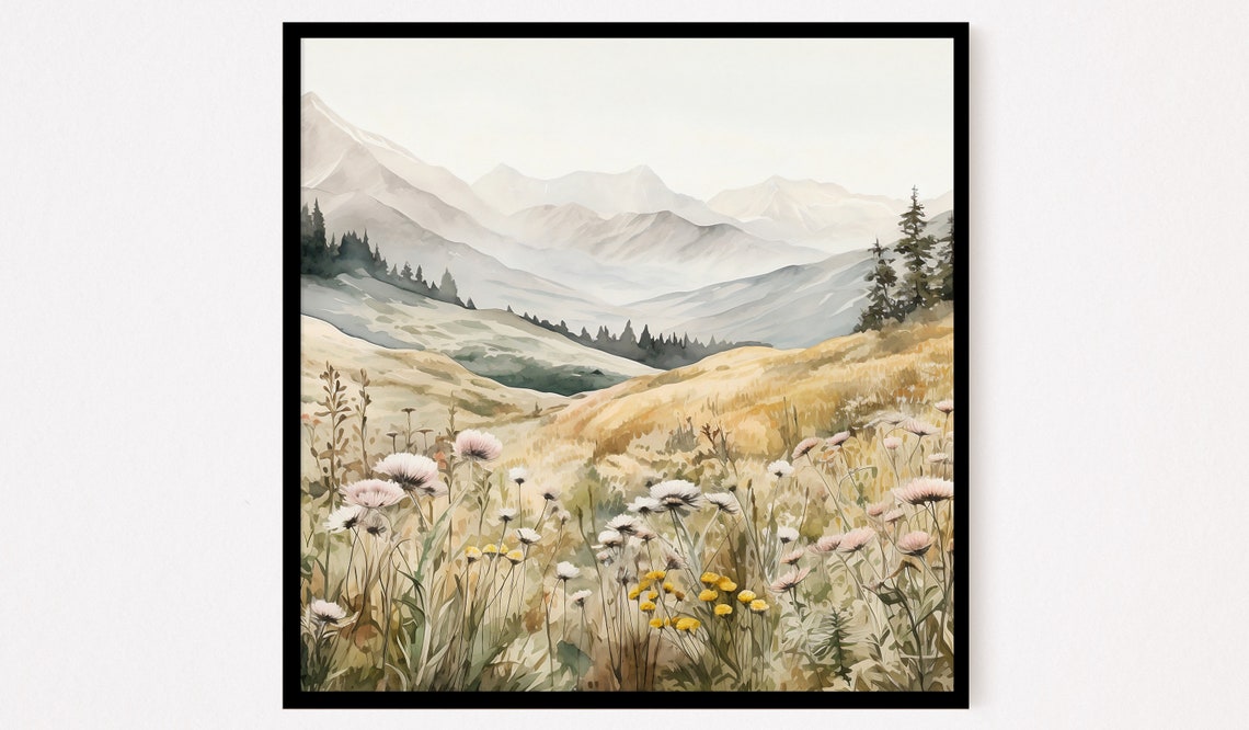 Golden Wildflower Meadow Distant Mountain Peaks Watercolor Poster - Image 3