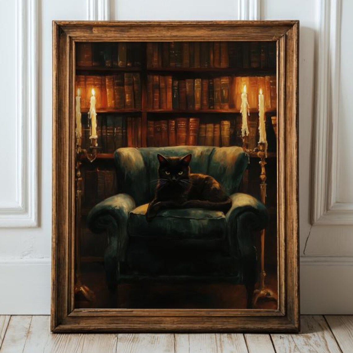 Black Cat Green Armchair Candlelit Library Dark Academia Moody Poster