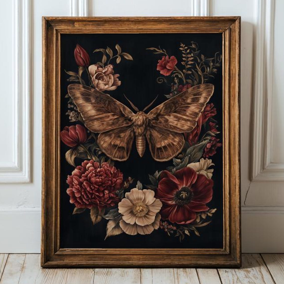 Vintage Moth Floral Dark Academia Poster Botanical Gothic Wall Decor