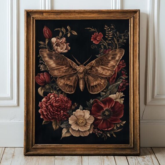 Vintage Moth And Floral Wall Art Print Botanical Dark Academia Nature Poster